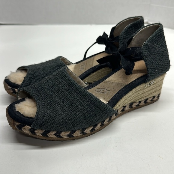 Ugg Wedges Heels Open Toe Sandals Shoes Tie Ankle Strap Espadrilles Black Size 9 - Picture 1 of 10